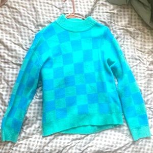 chunky blue and green checkered turtleneck